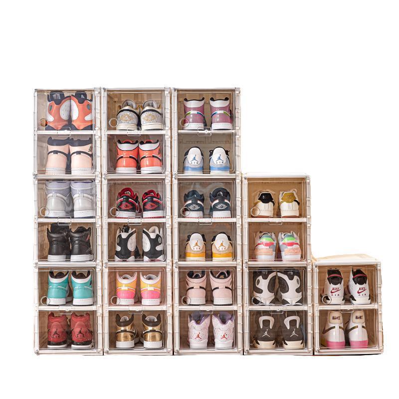 Plastic Shoes Box Storage Folding Case Stackable Clear Magnetic Lid Shoe Rack Organizer Foldable Shoes Cabinet Boxes