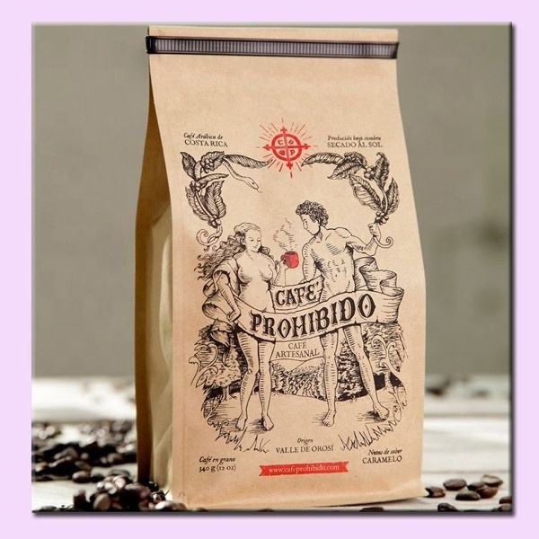 Customized Label Plastic Kraft Paper Pouch One Way Valve Roasted Bean Flat Bottom Coffee Bag Packaging