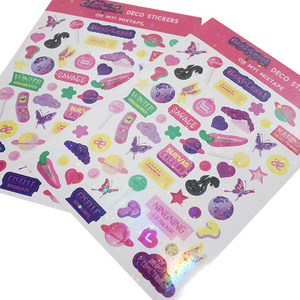 Customised Korea Sparkle Kawaii Vinyl Rainbow Film Effect Glitter Holographic Kiss Cut Sticker Sheet 100pcs