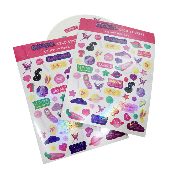 Customised Korea Sparkle Kawaii Vinyl Rainbow Film Effect Glitter Holographic Kiss Cut Sticker Sheet 100pcs