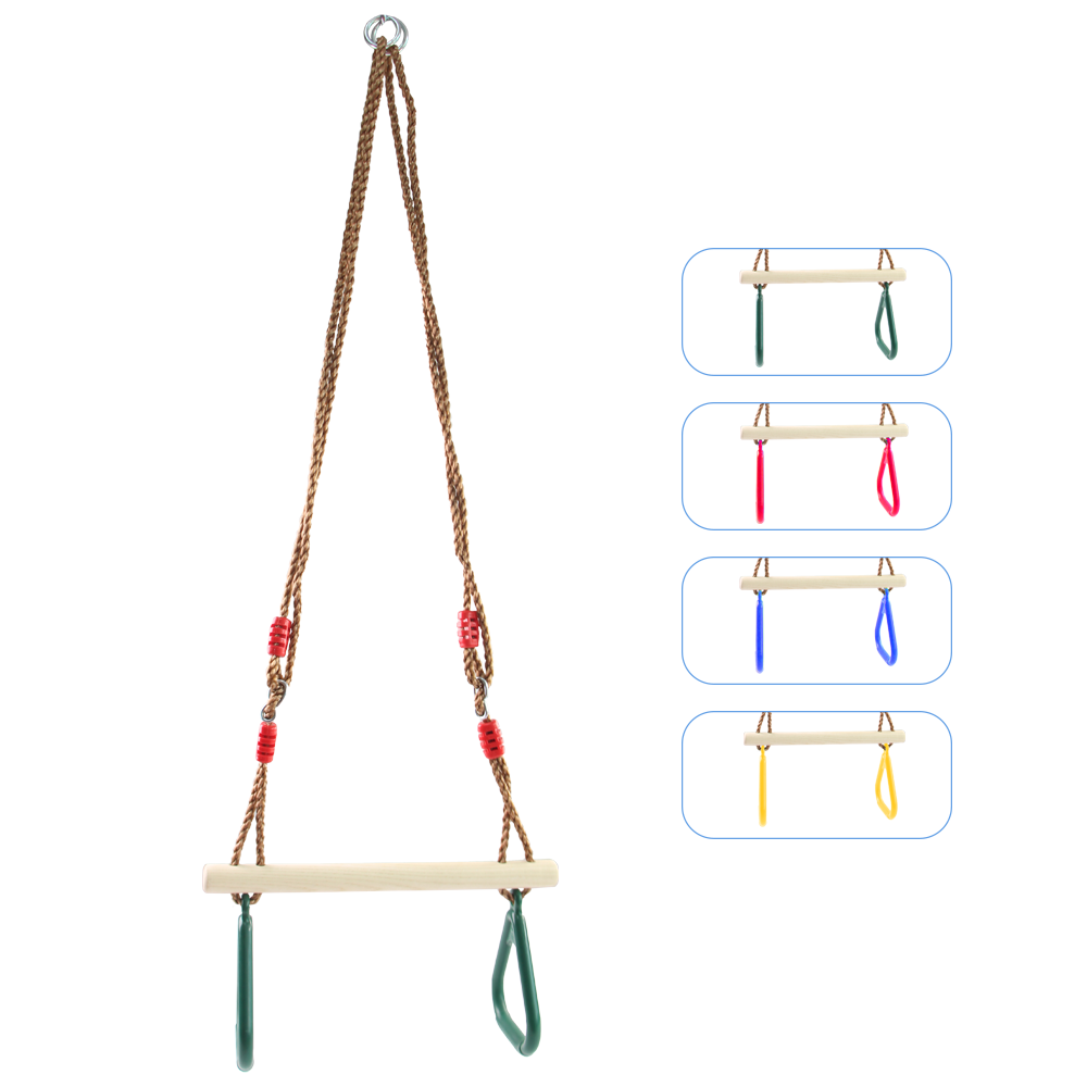 Kids Wooden Trapeze Tree Hanging Swing Monkey Bar Swing With Plastic Gym Rings For Backyard Outdoor