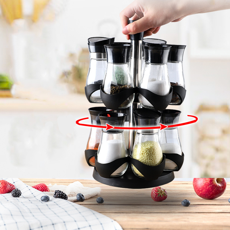 Hotsale Glass With Stainless Steel Spice Storage Rack Tower Organizer With 12 Empty Jars Rotating Spice Holder Shelf For Spices