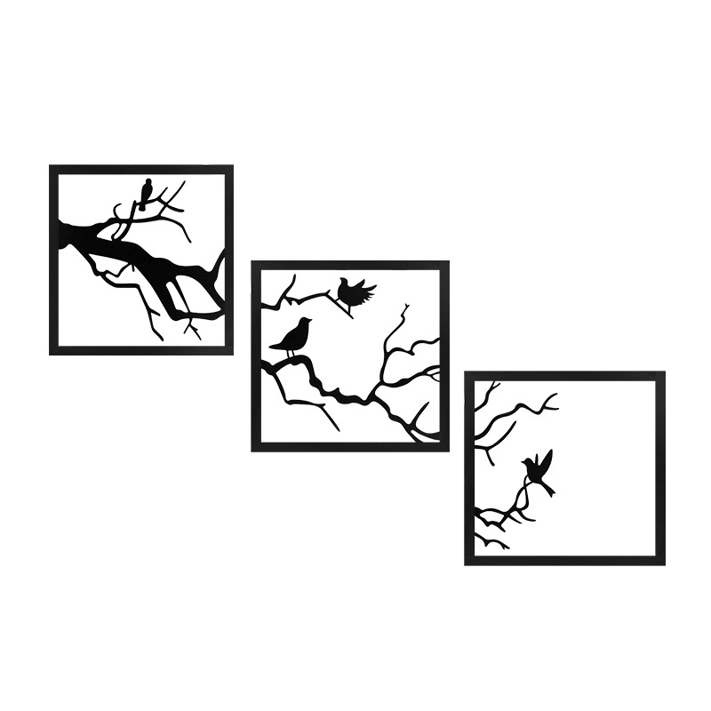 Custom Modern Art Decoration Metal Wall Decor Set of 4 Pcs Black Hanging Bird and Tree Pattern for Living Room Handicraft