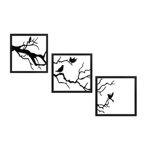 Custom Modern Art Decoration Metal Wall Decor Set of 4 Pcs Black Hanging Bird and Tree Pattern for Living Room Handicraft