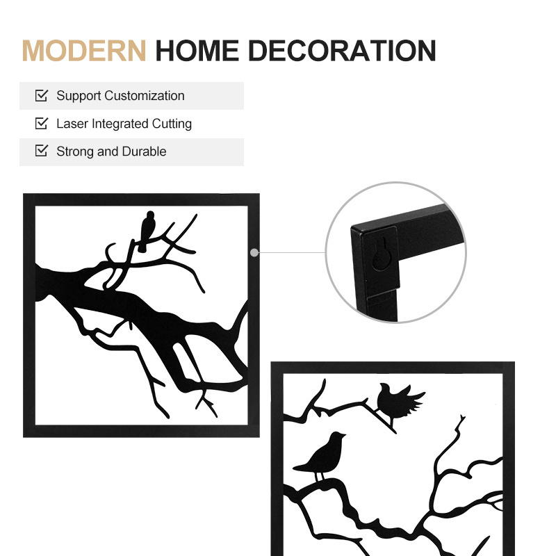 Custom Modern Art Decoration Metal Wall Decor Set of 4 Pcs Black Hanging Bird and Tree Pattern for Living Room Handicraft