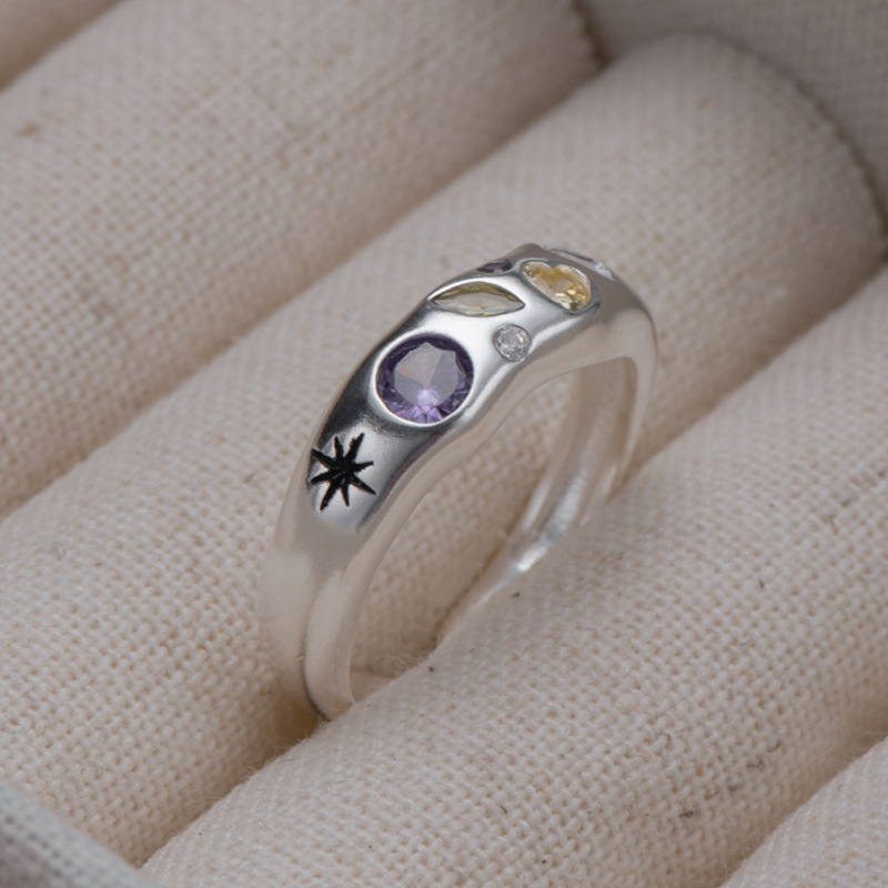 S925 sterling silver irregular colored zircon open ring frosted inlaid colored ring refers to jewelry.