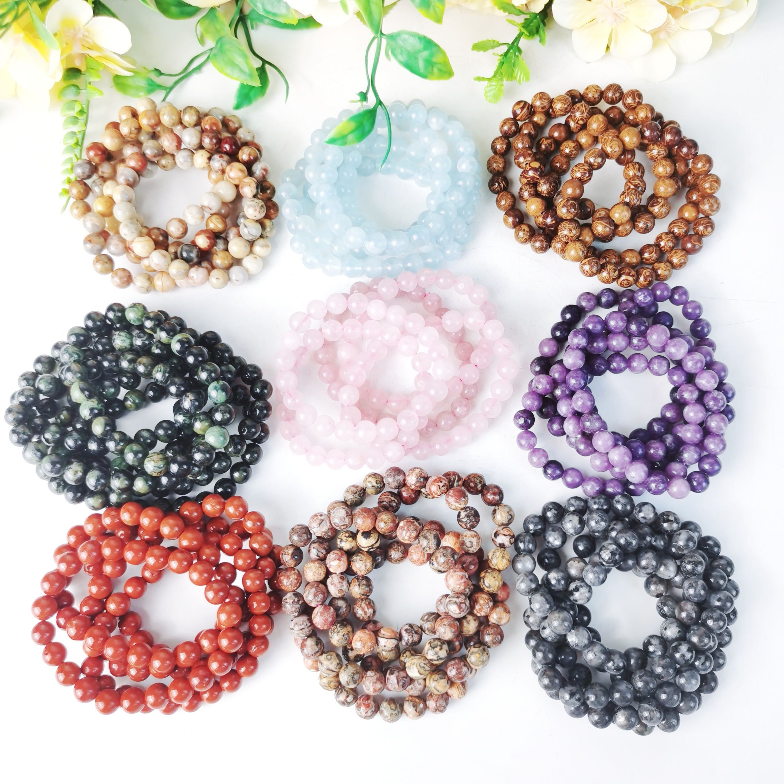 8mm Crystal Beads Bracelets Clear Quartz Rose Quartz amethyst Obsidian Smoky Lapis Lazuli Moss Agate Bracelets for Women