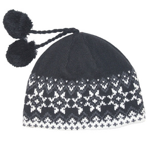 High Quality Winter Promotional Winter Black Broken Flower Knitted Beanie Hat with Ball