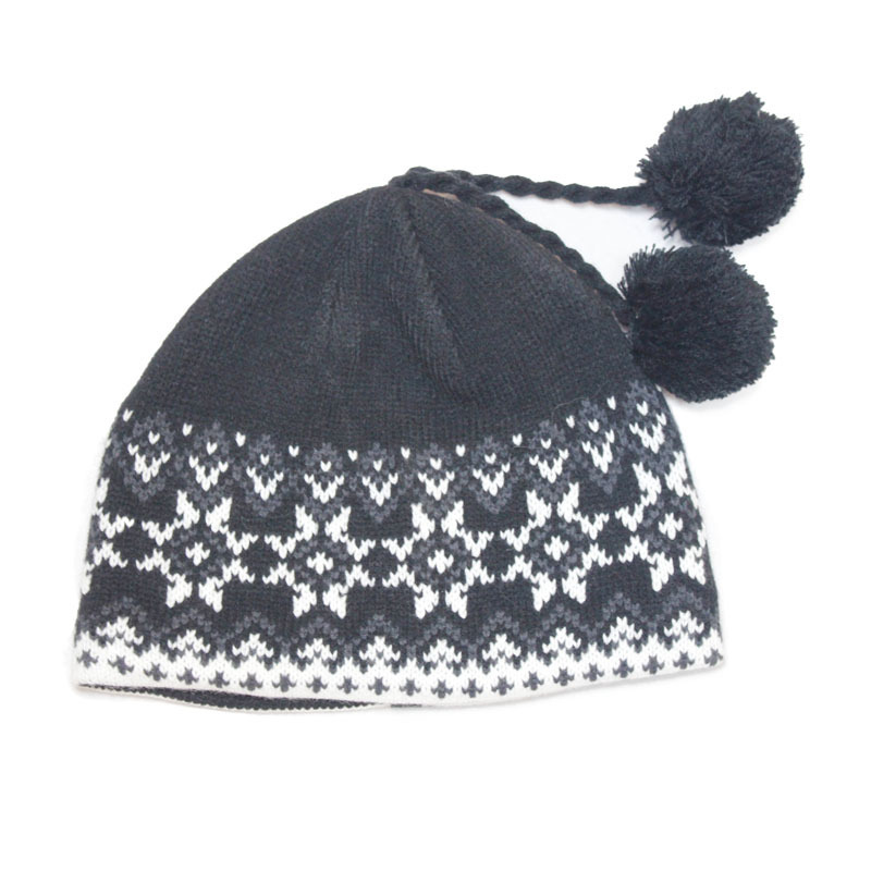 High Quality Winter Promotional Winter Black Broken Flower Knitted Beanie Hat with Ball