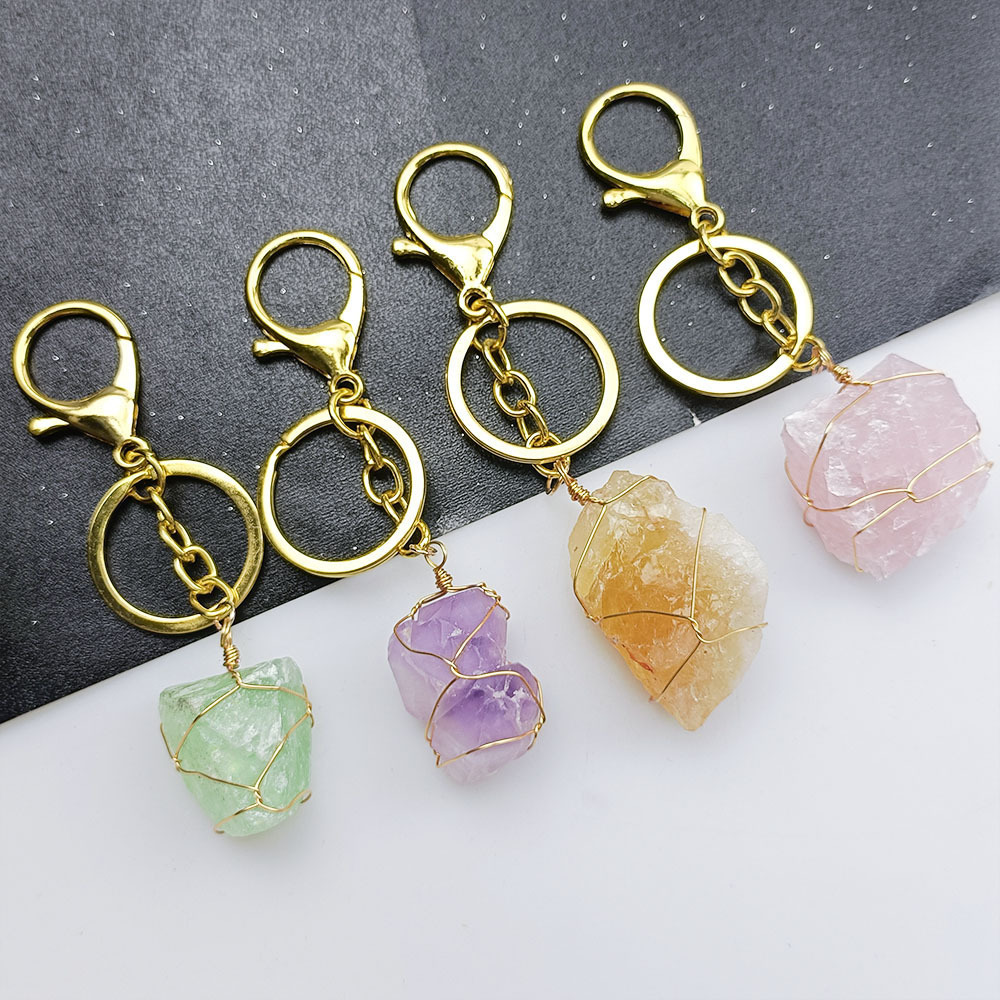 Natural Unshaped Amethyst wholesale healing stones Clear Rose Quartz Stone Pendants Key Chain