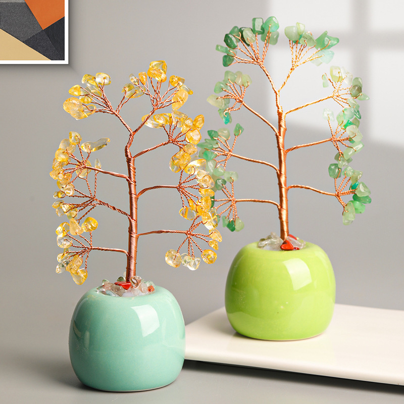 Natural apple porcelain base fortune tree gemstone ornament fengshui crystal gravel tree