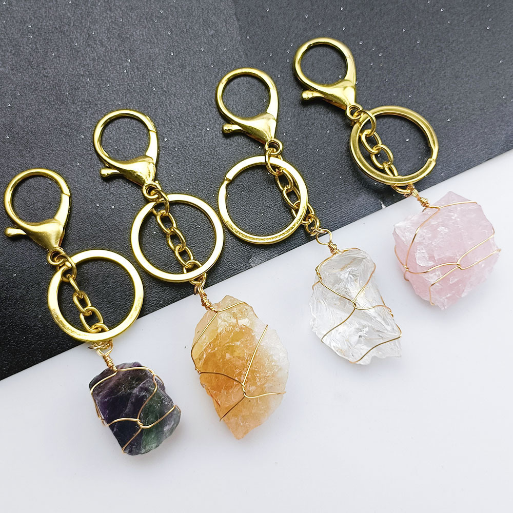 Natural Unshaped Amethyst wholesale healing stones Clear Rose Quartz Stone Pendants Key Chain