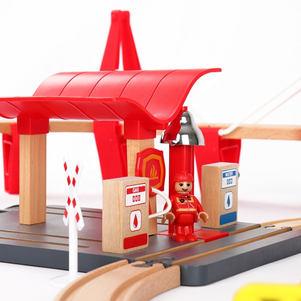 Educational Wooden Train Set Toy Fire Station Railway Model with Electric Train Locomotive and Beech Wood Railway Track