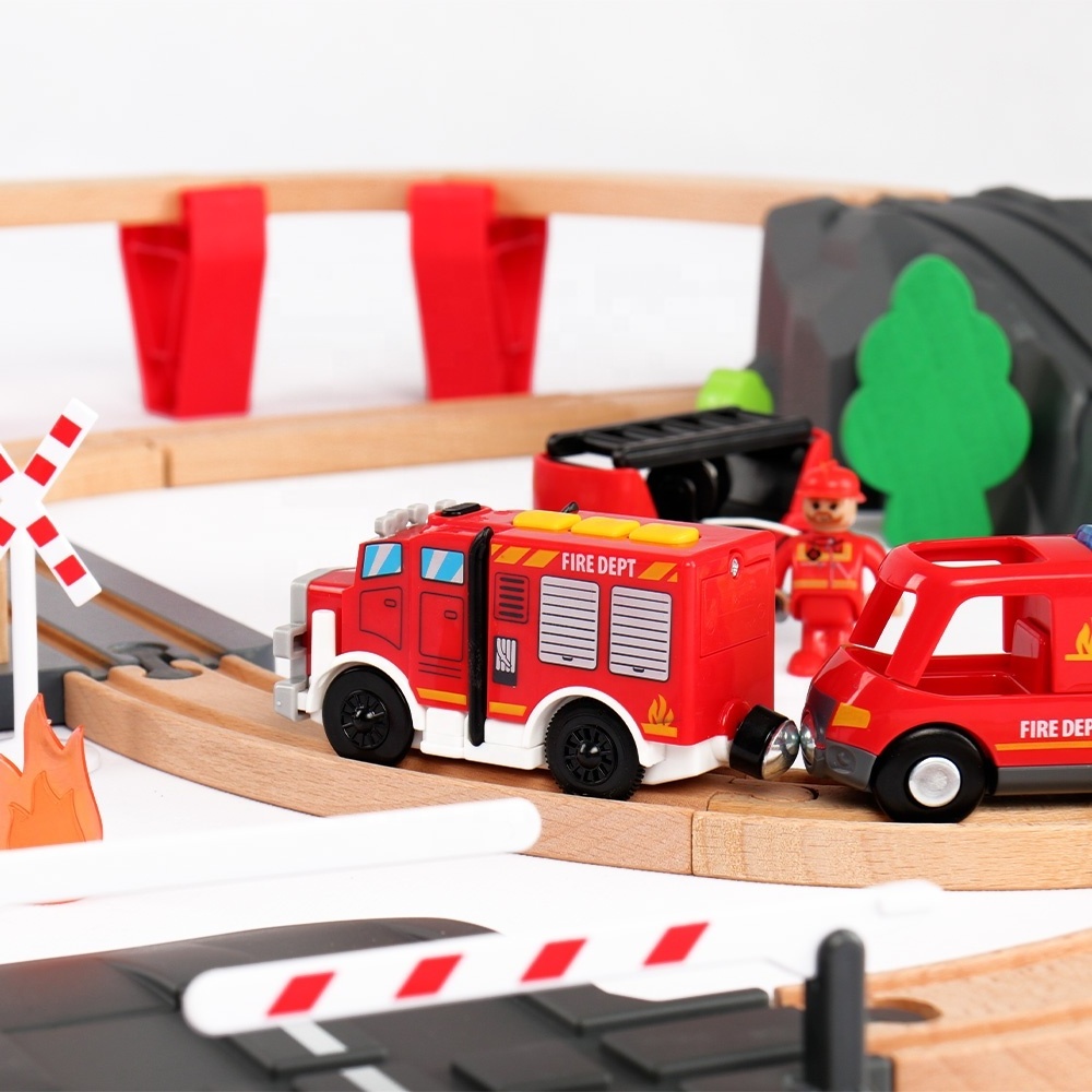 Educational Wooden Train Set Toy Fire Station Railway Model with Electric Train Locomotive and Beech Wood Railway Track