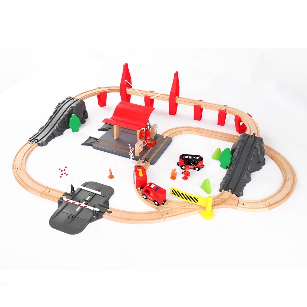 Educational Wooden Train Set Toy Fire Station Railway Model with Electric Train Locomotive and Beech Wood Railway Track