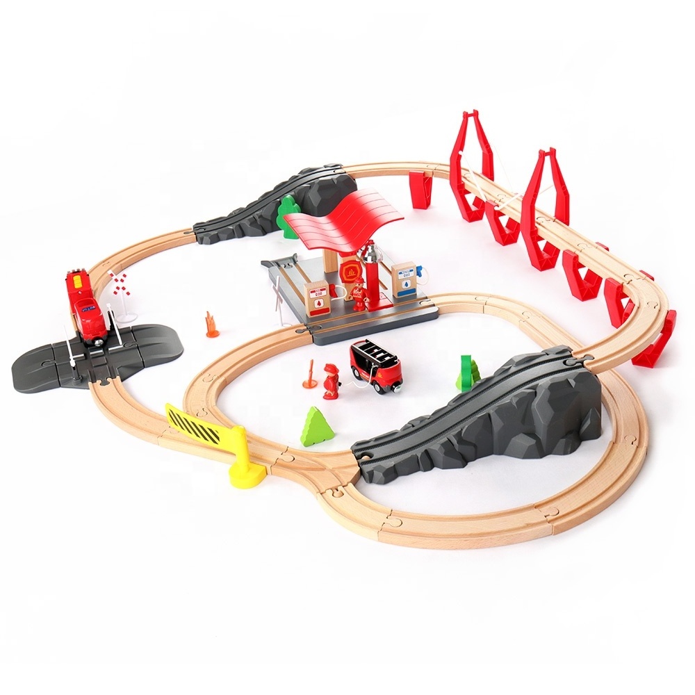 Educational Wooden Train Set Toy Fire Station Railway Model with Electric Train Locomotive and Beech Wood Railway Track