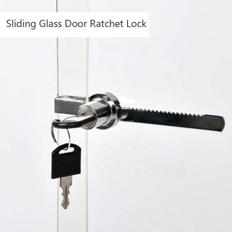 Sliding Glass Door Lock, Closet Locks for Sliding Doors with 2 Keys, Ratchet Lock with Chrome Finish, No Drill Cabinet Door Lock