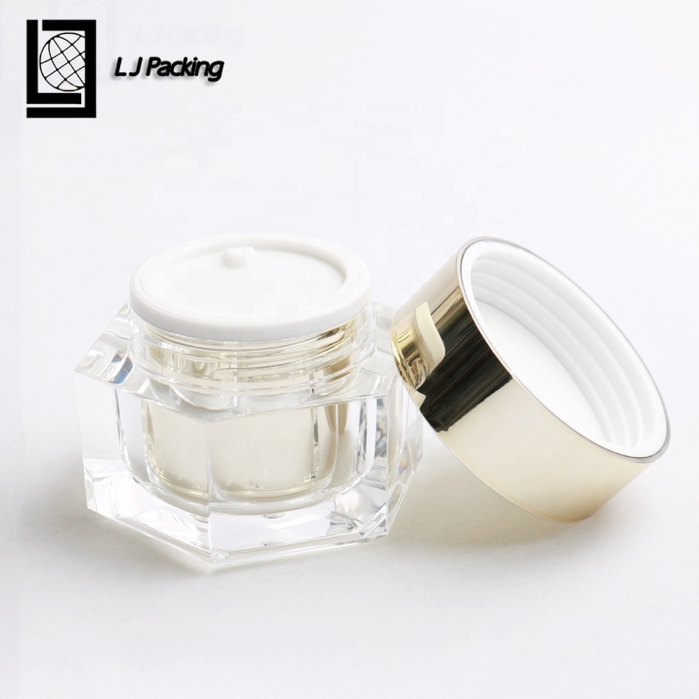 Hexagon shaped golden luxury cosmetic packaging plastic acrylic face cream jar 30g