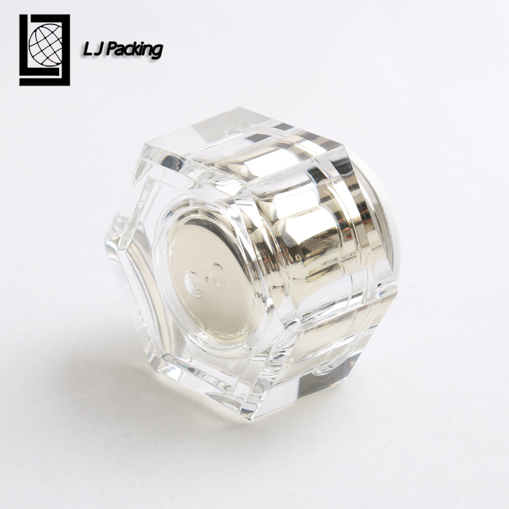 Hexagon shaped golden luxury cosmetic packaging plastic acrylic face cream jar 30g