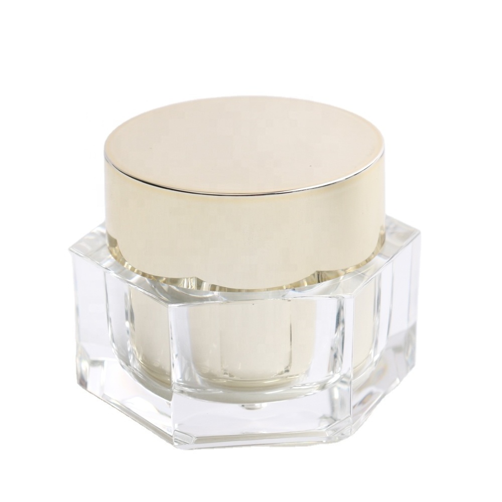 Hexagon shaped golden luxury cosmetic packaging plastic acrylic face cream jar 30g