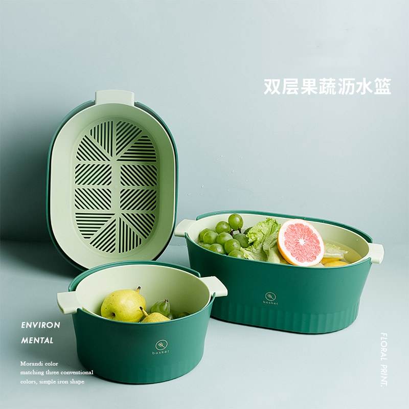 Top Saling Two Liers Fruit Vegetable Storage Basket Kitchen Washing Double Drain Basket Bowl Drain Storage Baskets