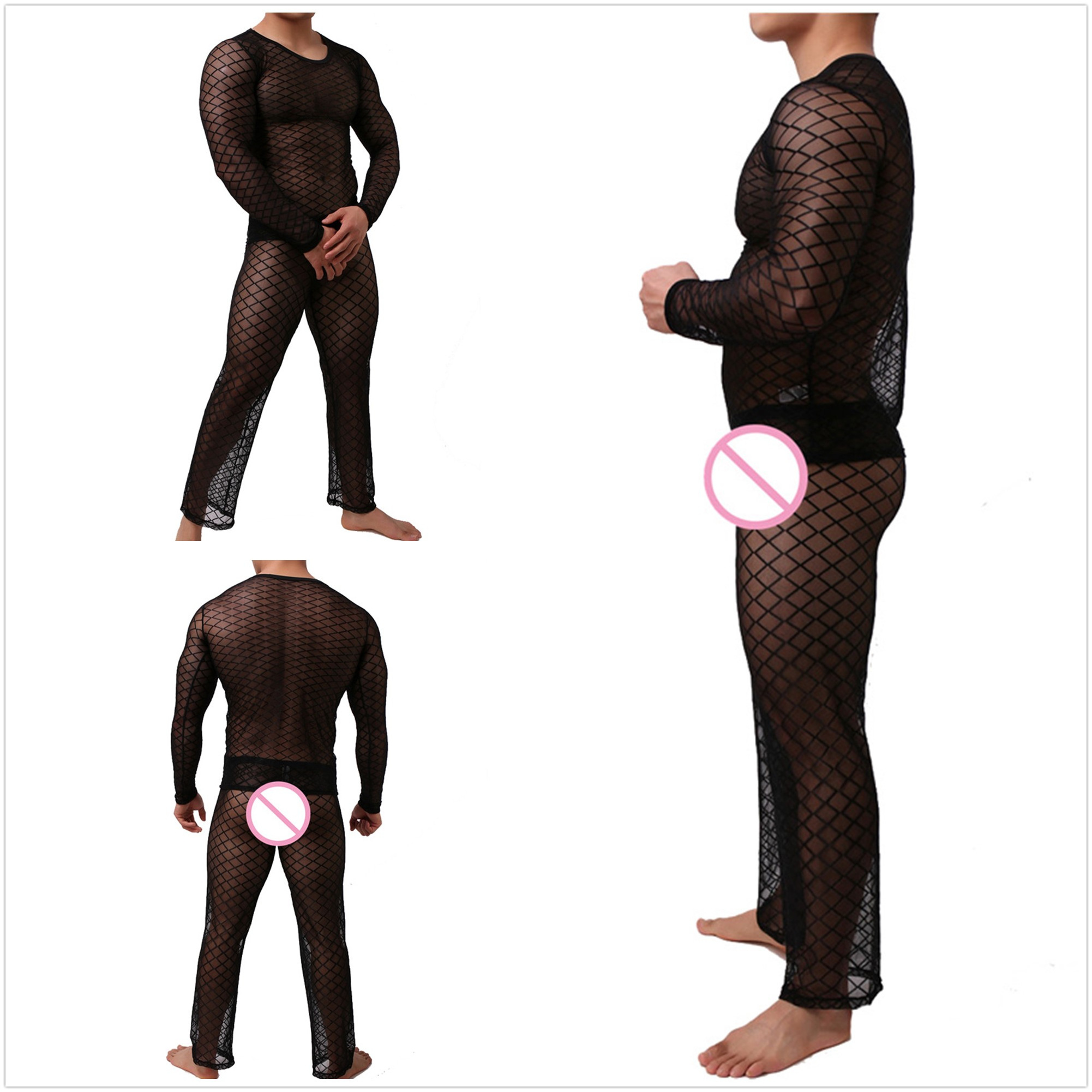 JSMANA Breathable See-Through Fishnet Long Sleeve Erotic Undershirts Sissy Sexy Lingerie Men Sexy Gay Men Underwear