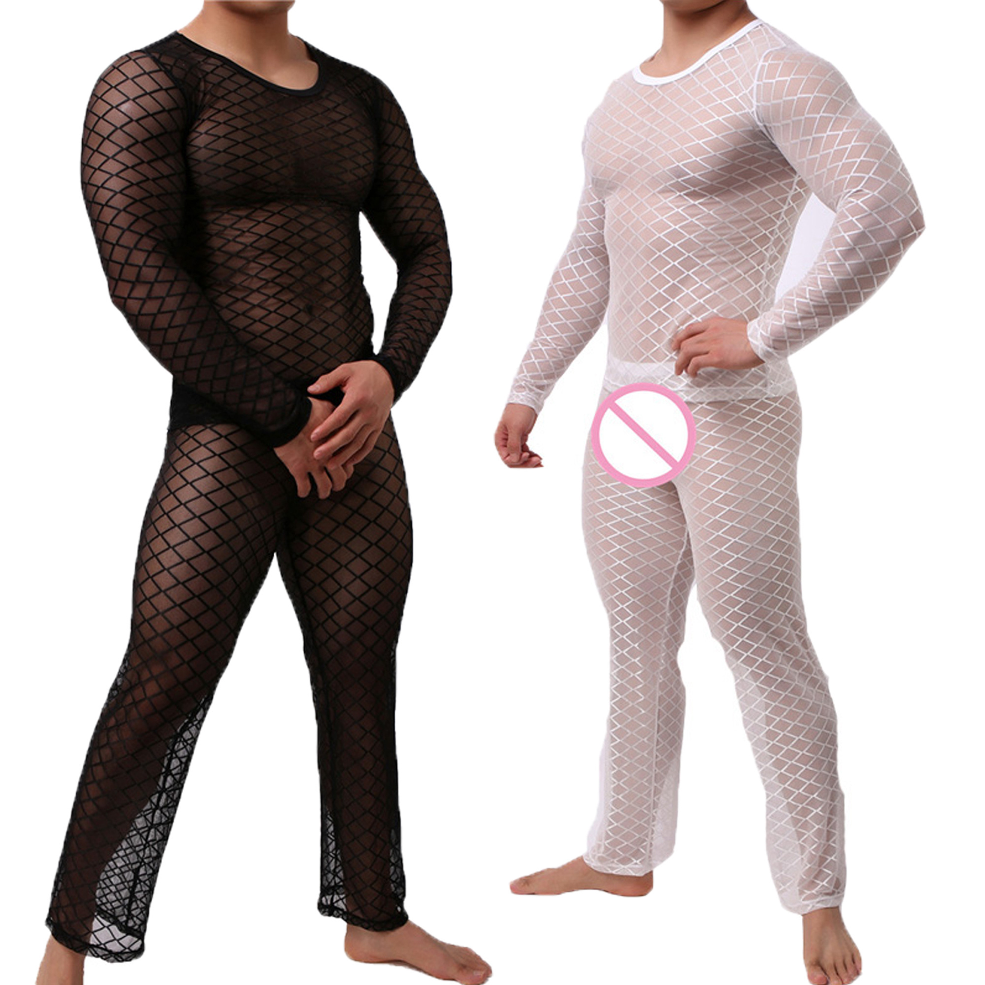 JSMANA Breathable See-Through Fishnet Long Sleeve Erotic Undershirts Sissy Sexy Lingerie Men Sexy Gay Men Underwear