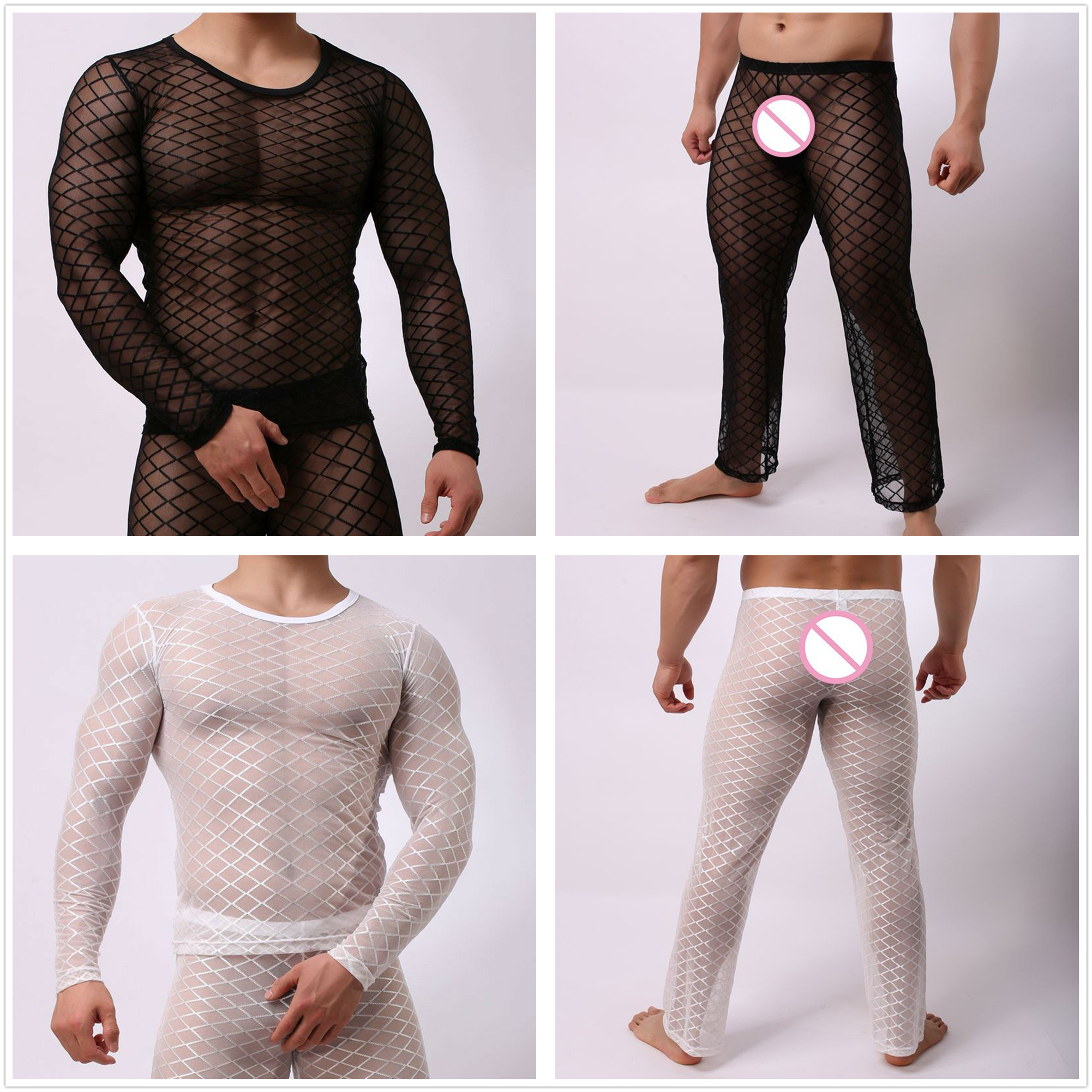 JSMANA Breathable See-Through Fishnet Long Sleeve Erotic Undershirts Sissy Sexy Lingerie Men Sexy Gay Men Underwear