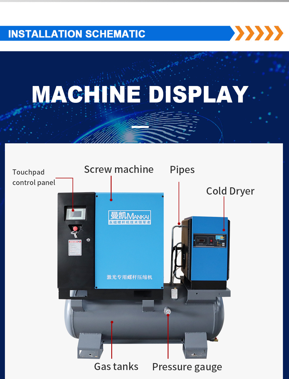 MANKAI Electric 15KW 24HP Industry Used Stationary  all in one laser cutter Screw Air Compressor with air tank and dryer