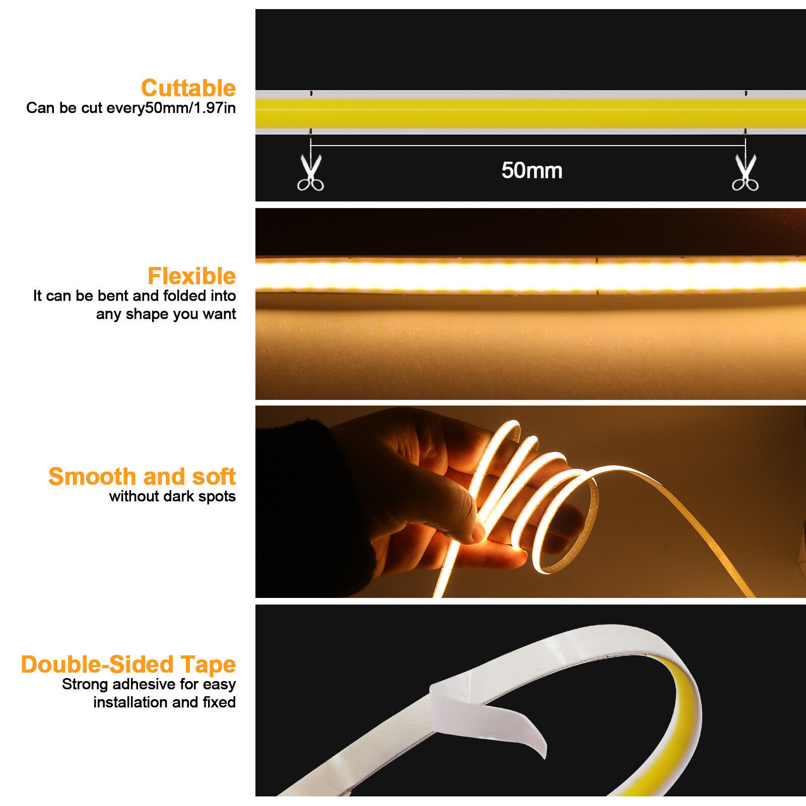 Wholesale Super Bright 5MM 8MM COB LED Strip Light Cold White 6000K DC12V 24V LED Tape Light for Ceiling