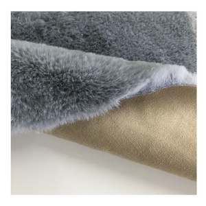 100% polyester fake rabbit fur based on with faux suede leather by glue garment coats fabric