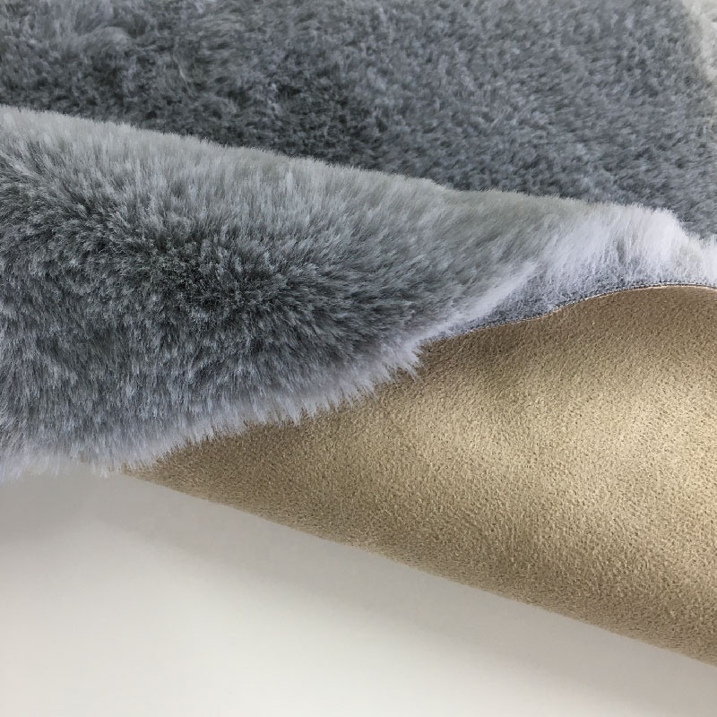 100% polyester fake rabbit fur based on with faux suede leather by glue garment coats fabric