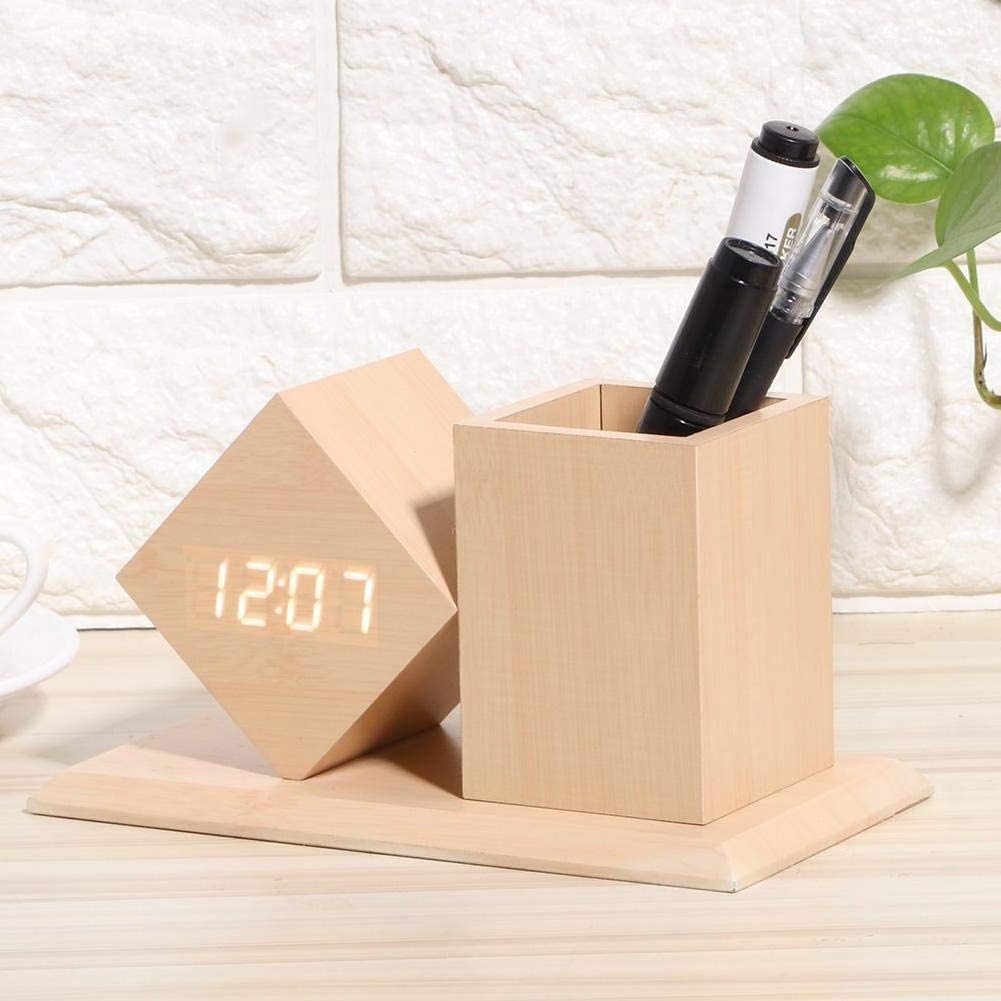 Fdit Voice-Activated LED Wooden Digital Alarm Clock Desk Table Clocks with Pen Holder Suitable for Office and Home Use