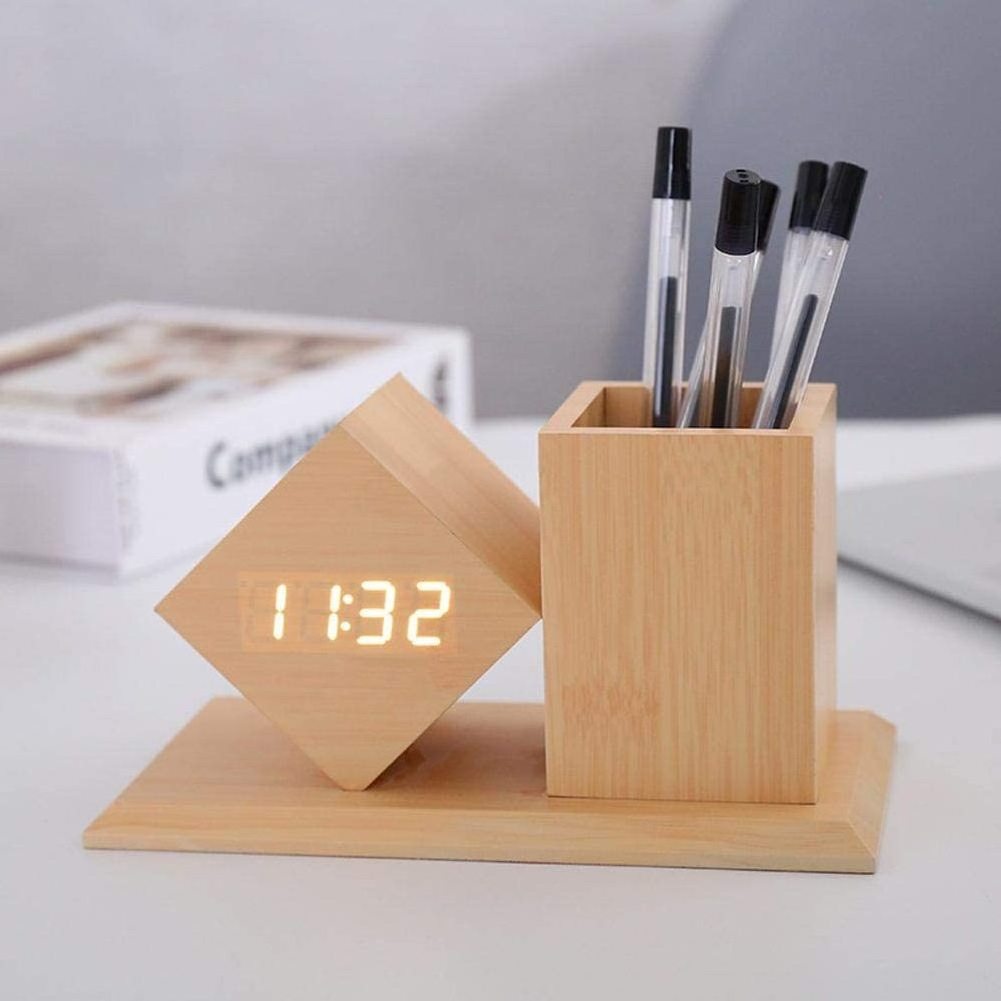 Fdit Voice-Activated LED Wooden Digital Alarm Clock Desk Table Clocks with Pen Holder Suitable for Office and Home Use