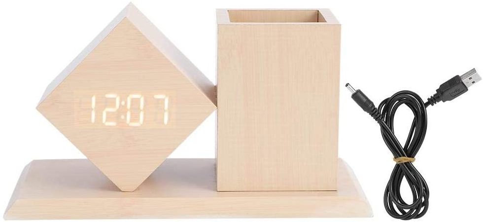 Fdit Voice-Activated LED Wooden Digital Alarm Clock Desk Table Clocks with Pen Holder Suitable for Office and Home Use