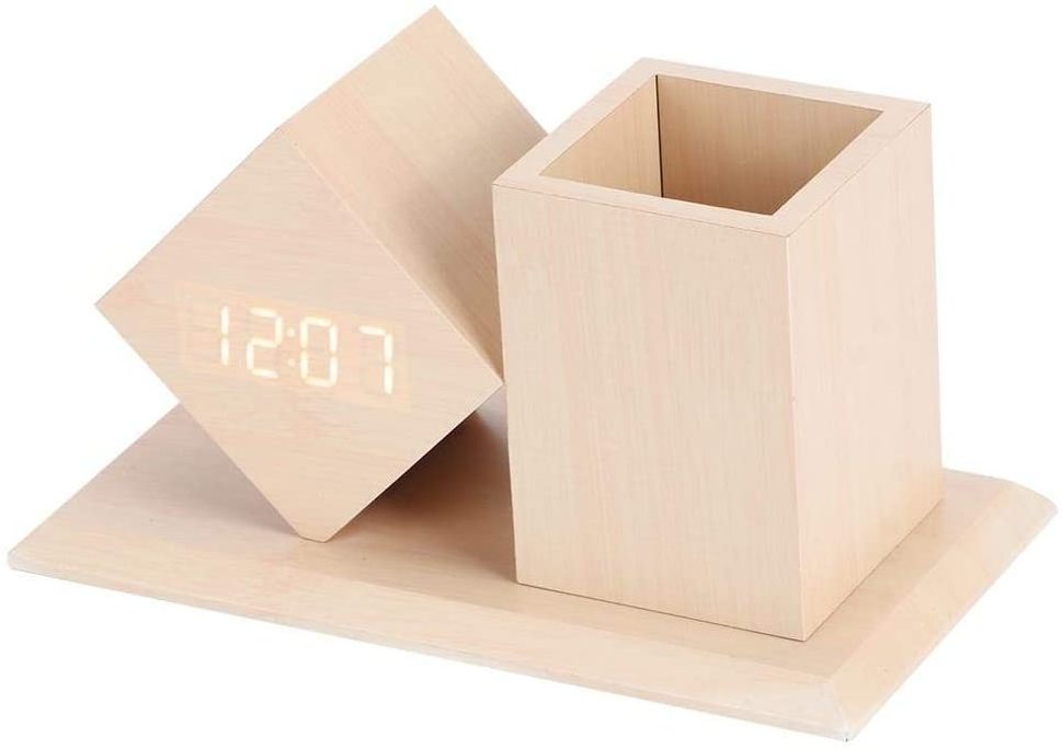 Fdit Voice-Activated LED Wooden Digital Alarm Clock Desk Table Clocks with Pen Holder Suitable for Office and Home Use