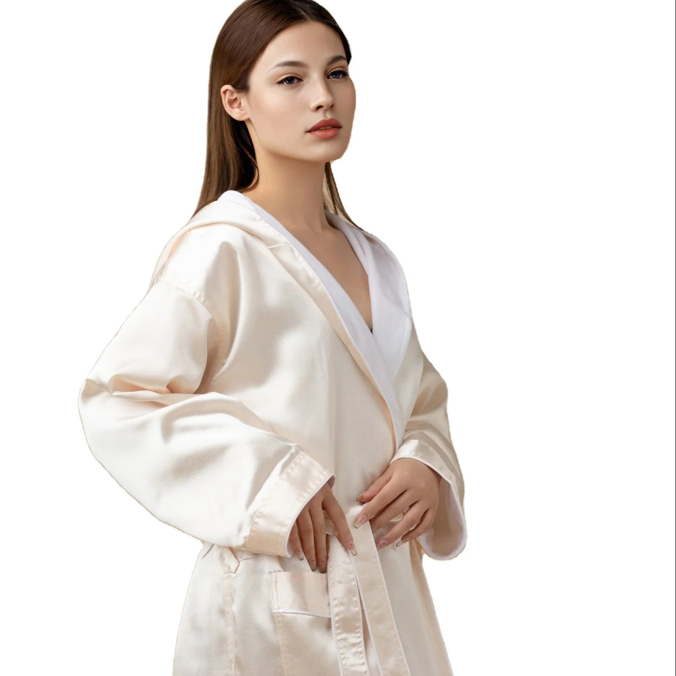 Custom 100% polyester satin sleepwear high quality women satin gown silk kimono hotel hood bathrobe