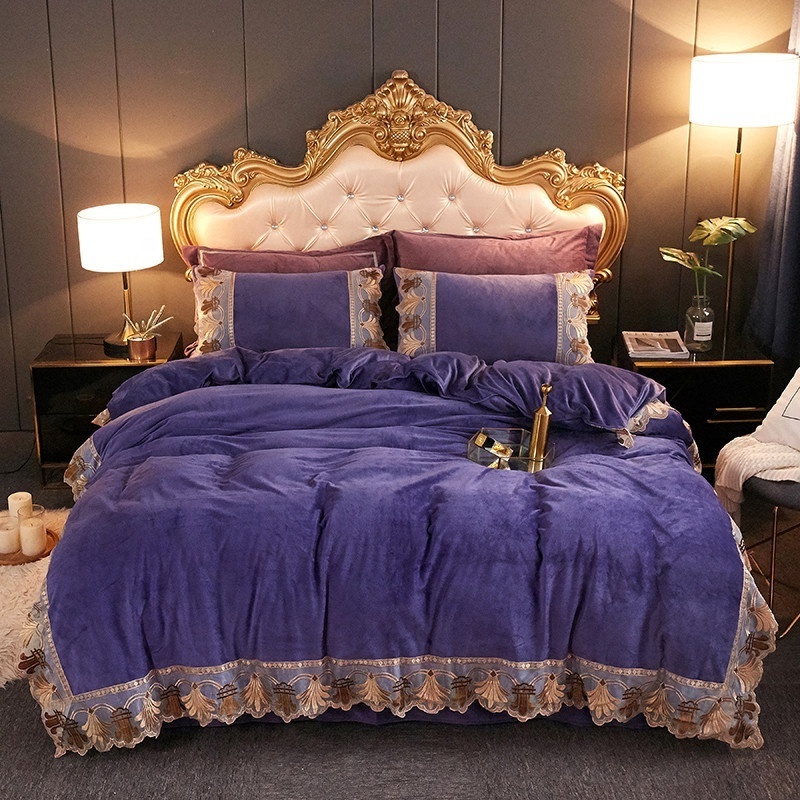 European Style Milk Velvet Comforter Sets Wholesale Velvet Bed Sheet Bedding Set Purple