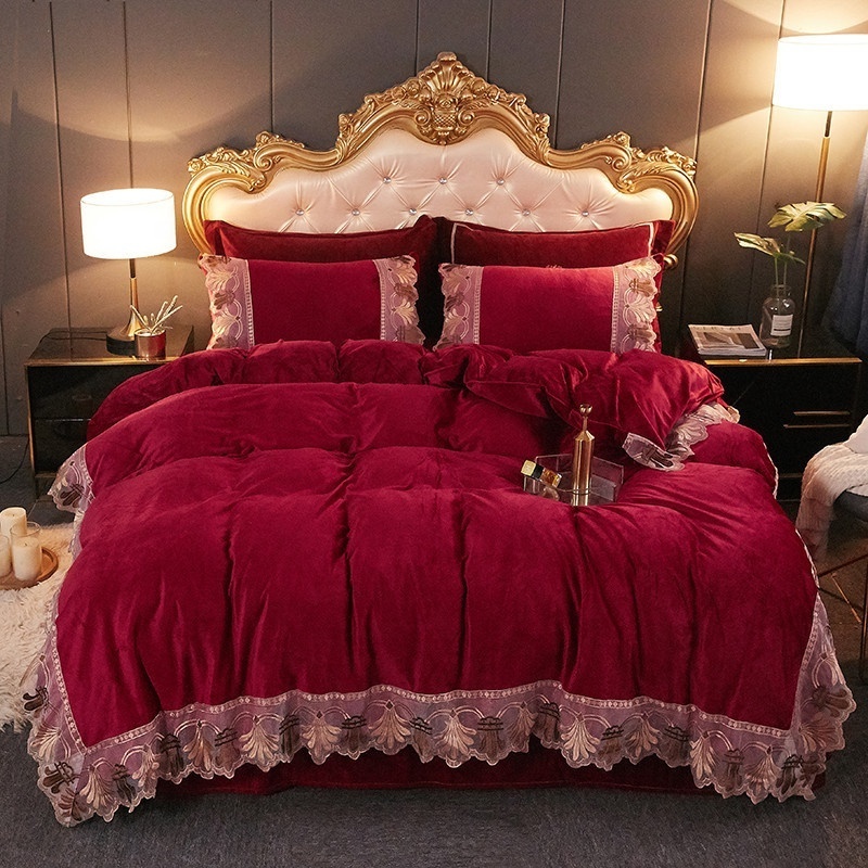 European Style Milk Velvet Comforter Sets Wholesale Velvet Bed Sheet Bedding Set Purple