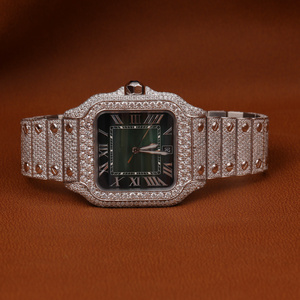 Antique Vintage Moissanite Studded Square GREEN Dial Iced Out Dual Color Tone Hip Hop Rapper Automatic Wrist Luxurious Watch