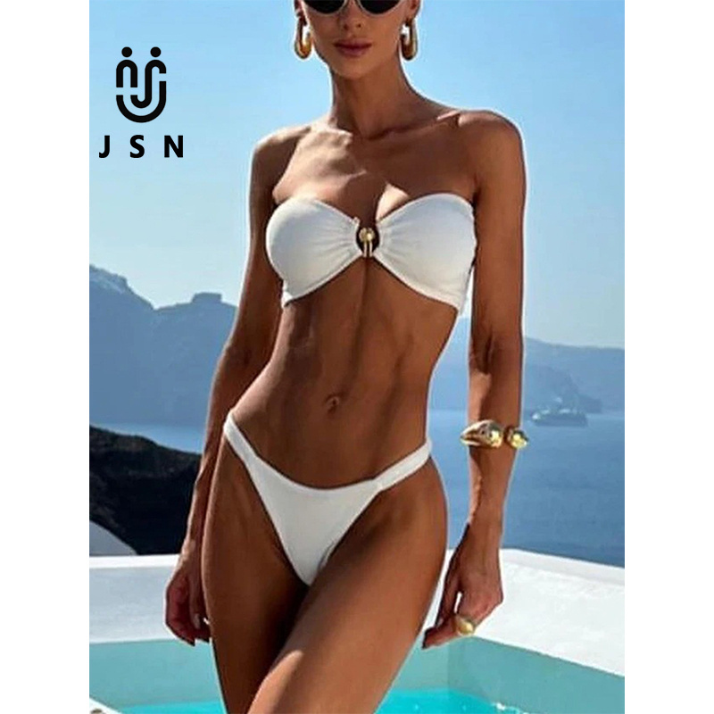 JSN Two piece bathing suit  thong bikini swimwear white bandeau mini mirco sexy bikini girls