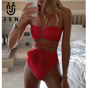 JSN 2023 red 3D Flower tummy control custom bikini set swimwear high-waisted wrap summer beach bikini ruffle bikini women