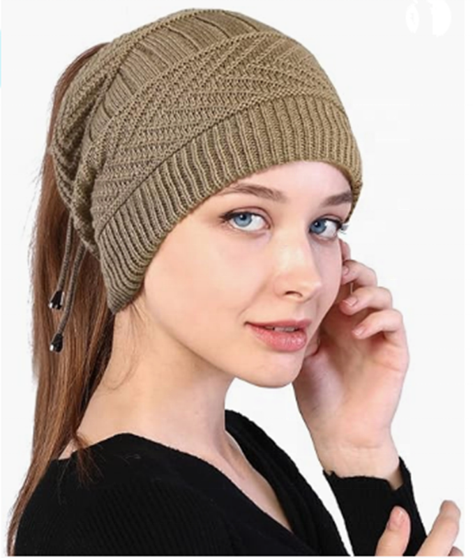 Womens Beanies for Winter Drawstring Ponytail Hats Beanie