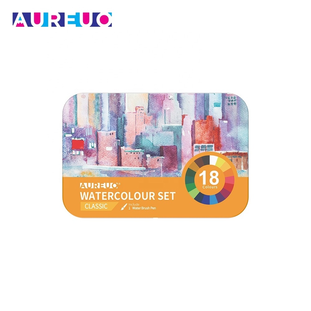 AUREUO 18 Colors Excellent Transparency Half Pan Solid Classic Watercolour Set with Water Brush