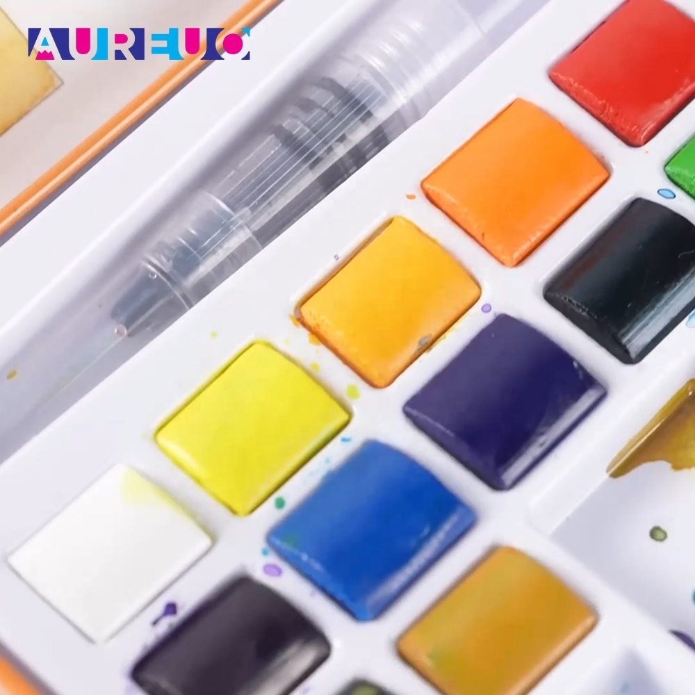 AUREUO 18 Colors Excellent Transparency Half Pan Solid Classic Watercolour Set with Water Brush