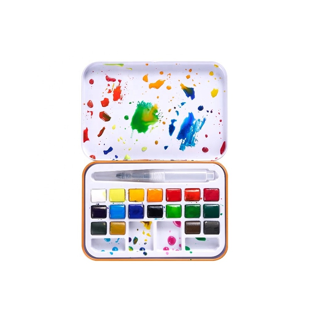 AUREUO 18 Colors Excellent Transparency Half Pan Solid Classic Watercolour Set with Water Brush