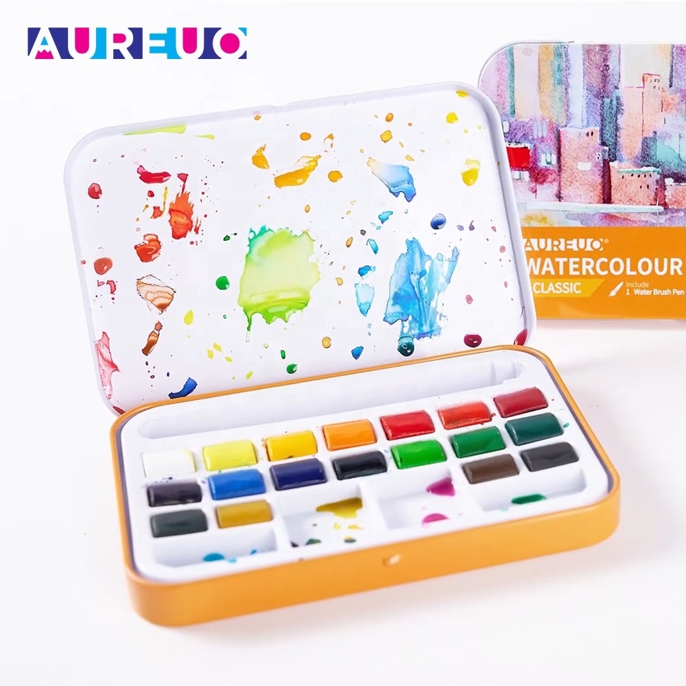 AUREUO 18 Colors Excellent Transparency Half Pan Solid Classic Watercolour Set with Water Brush