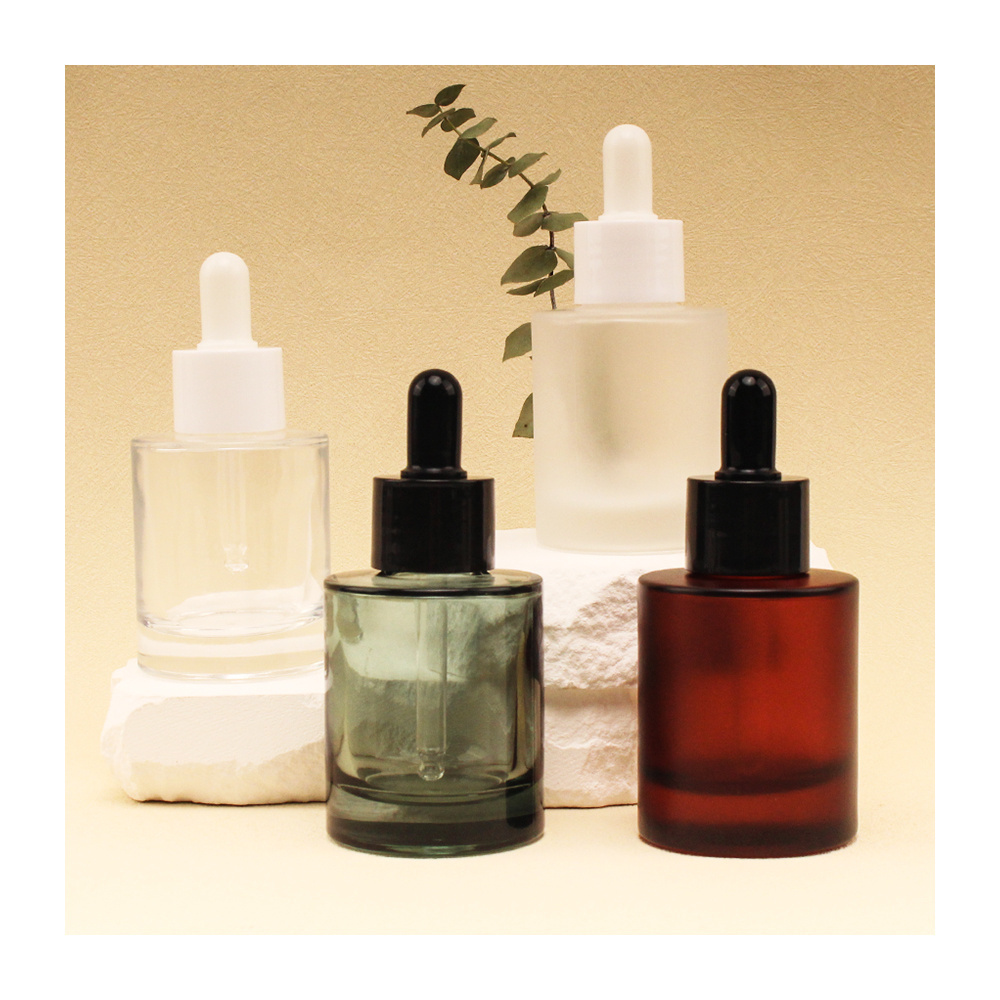 Custom Logo 30ml 50ml 100ml clear Round Flat Shoulder Hair Oil Cosmetic Serum Glass Dropper Bottle