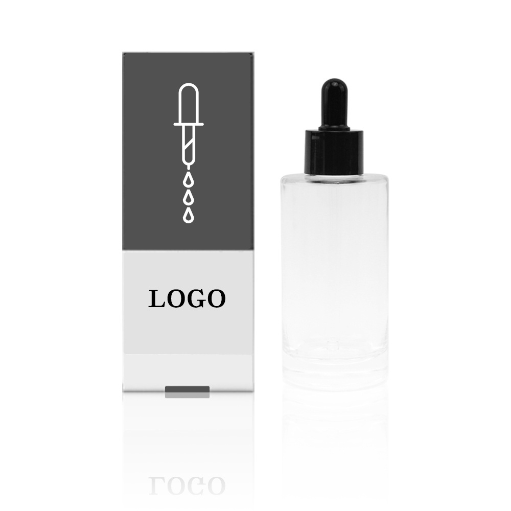 Custom Logo 30ml 50ml 100ml clear Round Flat Shoulder Hair Oil Cosmetic Serum Glass Dropper Bottle