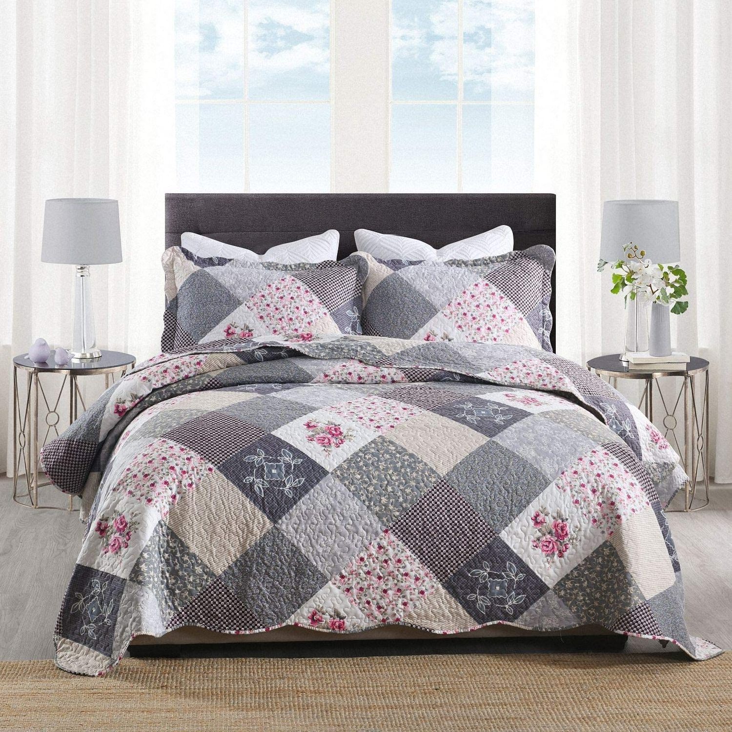 VIVILINEN Quilted Bedspread Coverlet Set Floral Patchwork Queen